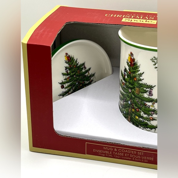 Spode Christmas Tree Ceramic Coffee Tea Mug 12 oz & Round Coaster 3.3" Set NIB - Picture 2 of 10